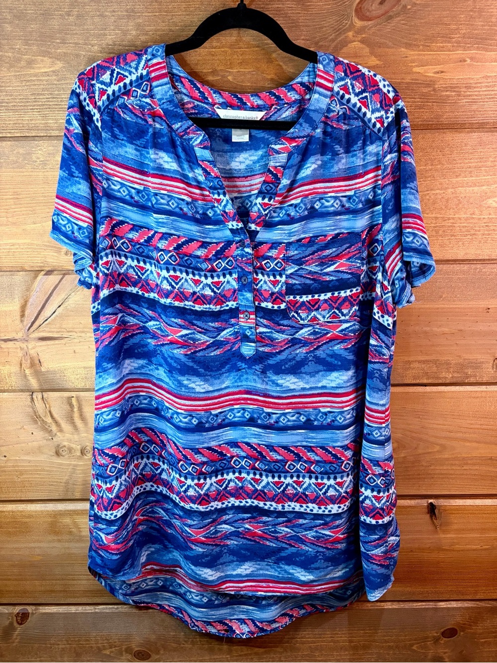 Christopher & Banks Blue Red Multicolor Printed Henley Tunic Size Large 💙